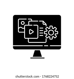 Content manager black glyph icon. PR strategy. Blogging to promote brand. Webpage optimization and update. SEO service. Admin work. Silhouette symbol on white space. Vector isolated illustration