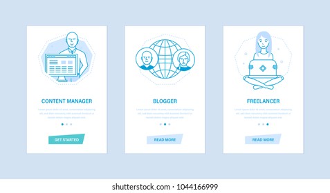 Content manager, blogger, freelancer. Set user interfaces, screens from mobile devices, phones, smartphones. Graphic design with buttons, text information. Screens template for mobile apps.