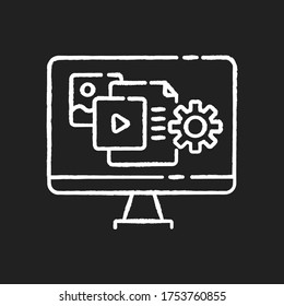 Content manager chalk white icon on black background. PR strategy. Blogging to promote brand. Webpage optimization and update. SEO service. Admin work. Isolated vector chalkboard illustration