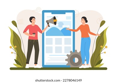 Content manager color concept with people scene in the flat cartoon style. Manager and employee create content for the site and distribute it on the Internet. Vector illustration.