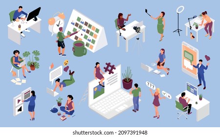 Content manager color set with editor and publisher isometric isolated vector illustration