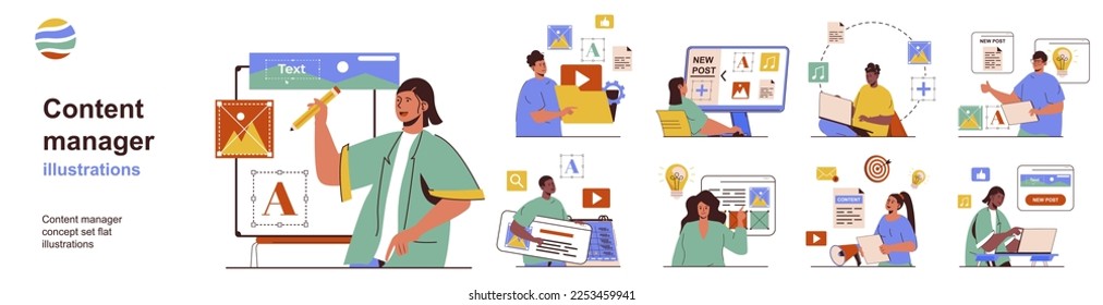 Content manager concept with character situations collection. Bundle of scenes people editing online pages, creating digital content, making layout and plan. Vector illustrations in flat web design