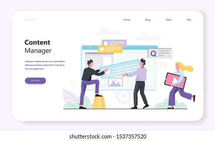 Content manager concept. Create and share content in the internet. Idea of social media and network. Feedback, communication and popularity. Isolated flat vector illustration