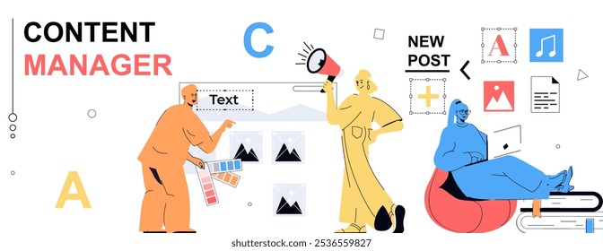 Content manager concept in flat cartoon design for web banner. People filling sites with images graphics, selecting color palette, writing articles, creating posts in online blog. Vector illustration.