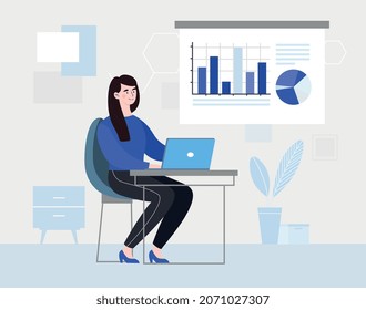 Content manager concept. Girl sitting at laptop. Freelancer, coworking. Persoange maintains accounts on social networks, SMM, SEO, internet promotion, marketing. Cartoon flat vector illustration