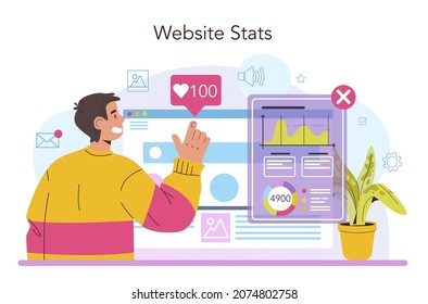 Content manager concept. Idea of digital promotion strategy and content production. Content plan development and website statistic monitoring. Flat vector illustration