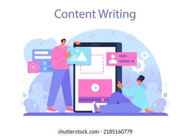Content manager concept. Idea of digital strategy and content production for social networks. Communication with customer on social media. Flat vector illustration