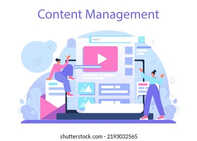 Content manager concept. Idea of digital strategy and content production for social networks. Communication with customer on social media. Flat vector illustration