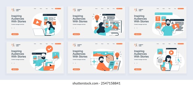 Concepto de gestor de contenido de landing page con Plantillas de diapositivas en diseño plano. Sitio web de encabezados con personas llenando sitios con Imágenes, escribiendo artículos, haciendo publicaciones en línea. Ilustraciones vectoriales.