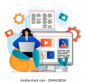 Content manager concept in modern flat design. Woman writes texts and places site elements. Designer creates graphics and fills site with pictures. Online business promotion. Vector illustration