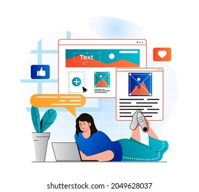 Content manager concept in modern flat design. Woman writes texts, fills site pictures, places elements. Designer creates graphics and generates ideas. Online business promotion. Vector illustration