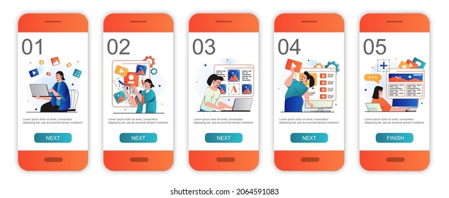Concepto de gestor de contenido en pantallas de internado para plantillas de aplicaciones móviles. Creación de imágenes y textos. Moderno interfaz de usuario, UX, GUI pantallas de interfaz de usuario con escenas de personas para el diseño web. Ilustración del vector