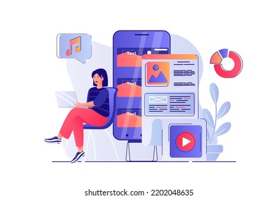 Content manager concept with people scene. Woman making content plan, creating content and fills site with video, audio and graphics. Vector illustration with characters in flat design for web