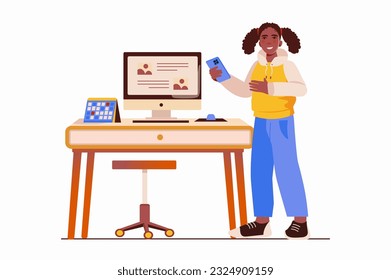 Content manager concept with people scene in the flat cartoon style. The girl is working on the development of content for the website. Vector illustration.