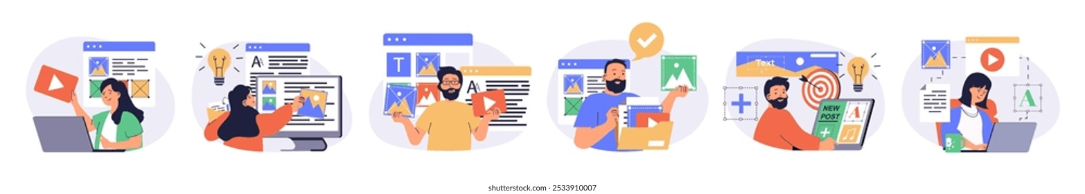 Conjunto de conceitos do gerenciador de conteúdo com caracteres em design plano para a Web. Pessoas preenchendo sites com imagens e gráficos, escrevendo artigos para publicação, fazendo posts em blog on-line. Ilustrações vetoriais.