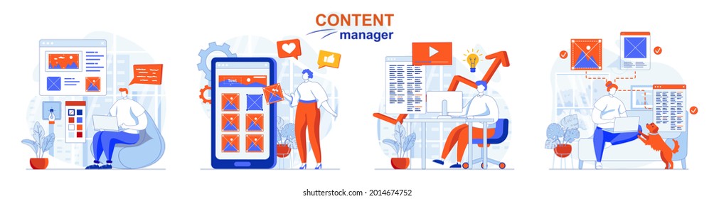 Content manager concept set. Creation of graphics, texts for sites or applications. People isolated scenes in flat design. Vector illustration for blogging, website, mobile app, promotional materials.