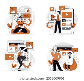 Content manager concept set in flat design for web. Collection with people creating text, photos, images, videos and other graphic contents for webpage filling and online posts. Vector illustrations.