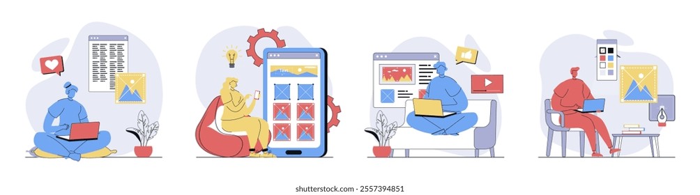 Content manager concept set in flat design for web. Collection with people creating photos and images for webpage filling, planning online posts, making digital content and text. Vector illustrations.
