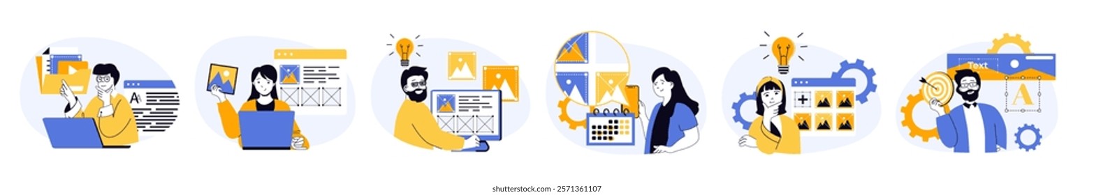 Content manager concept set in flat web design. Collection with people filling sites with images, making posts in online blog, making creative strategy. Vector illustrations on white background.