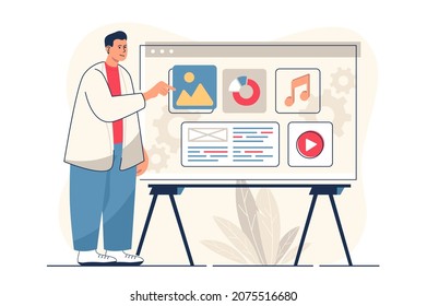 Content manager concept for web banner. Man fills site with video, audio and graphic content and analyzes data, modern person scene. Vector illustration in flat cartoon design with people characters