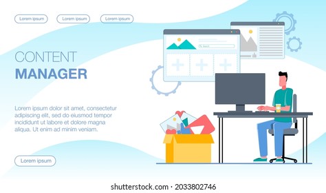 El gestor de contenidos rellena el sitio web con información. Un hombre trabaja en el ordenador, con las ventanas de la cuenta colgando encima de él. Ilustración vectorial plana.