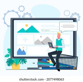 Der Content Manager füllt die Website mit Informationen aus. Ein Mann sitzt auf einem Schreibtischglas mit Bleistiften und Bürsten und hält einen Laptop. Flache Vektorgrafik.
