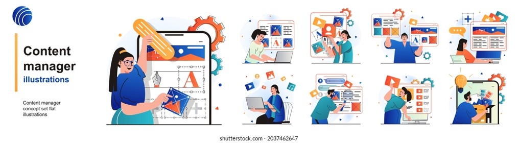 Content manager isolated set. Filling site with pictures and graphic elements. People collection of scenes in flat design. Vector illustration for blogging, website, mobile app, promotional materials.