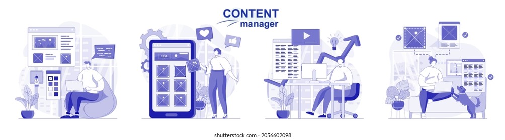 Content manager isolated set in flat design. People drawing pictures and graphic elements site, collection of scenes. Vector illustration for blogging, website, mobile app, promotional materials.