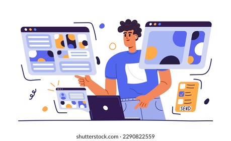 Content manager with laptop. Young happy man managing SMM strategy. CMS information technology concept. Webpage administration tool, organization of online information. Flat style vector illustrations