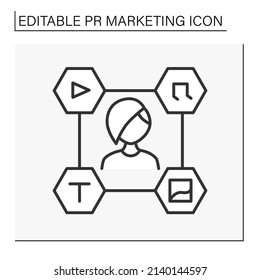 Content manager line icon. People create text, images, music and video for publications in social media. PR marketing concept. Isolated vector illustrations. Editable stroke