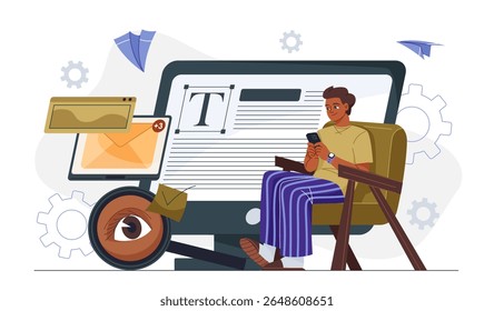 Content manager man. Businessman with smartphone read article online. Copywriter or editor. Talented author and content creator. SEO or SMM specialist. Flat vector illustration