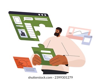 Content manager manages online project. Analyst works with diagrams, researching statistic data, information in internet. Designer creates ui of website. Flat isolated vector illustration on white