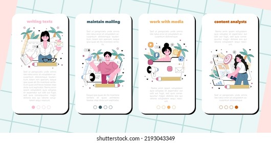 Content manager mobile application banner set. Idea of digital promotion strategy and content production. Content plan development and website statistic monitoring. Flat vector illustration