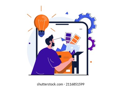 Content manager modern flat concept for web banner design. Man creates new ideas and works with different elements of website layout for mobile phones. Vector illustration with isolated people scene