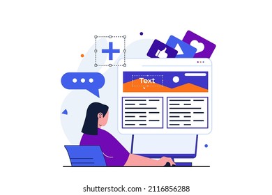 Content manager modern flat concept for web banner design. Woman writes and publishes article on blog, organization and optimization layout in browser. Vector illustration with isolated people scene