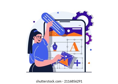 Content manager modern flat concept for web banner design. Woman places blocks with text, pictures and elements in layout of site for mobile phone. Vector illustration with isolated people scene