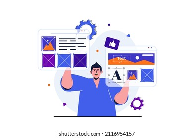 Content Manager modernes Flachkonzept für Web-Banner Design. Man optimiert das Layout von Webseiten und arbeitet mit Bildern, Text und anderen Elementen in Browsern. Vektorgrafik mit Szene isolierter Menschen