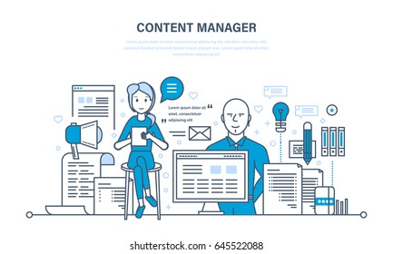 Content manager. Modern technologies, work on writing, editing, processing text and other information materials. Illustration thin line design of vector doodles, infographics elements.
