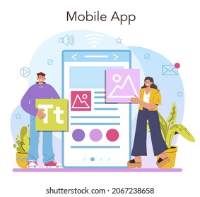 Content Manager Online-Service oder Plattform. Digitale Werbung und Produktion von Inhalten. Entwicklung von Content-Paketen. Mobile App. Flache Vektorgrafik