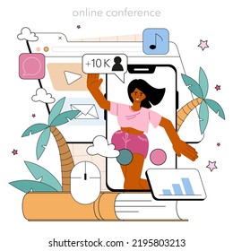 Content Manager Online Service Or Platform. Idea Of Digital Promotion Strategy Development And Content Production. Online Conference. Flat Vector Illustration