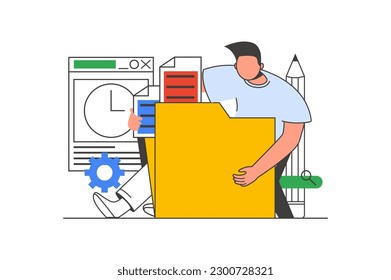 Content manager outline web concept with character scene. Man creating content, making new posts in blog. People situation in flat line design. Vector illustration for social media marketing material.