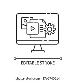 Icono lineal perfecto del píxel del gestor de contenido. Estrategia de relaciones públicas. Optimización y actualización de páginas web. Ilustración personalizable de línea delgada. Símbolo de contorno. Dibujo de contorno aislado del vector. Trazo editable