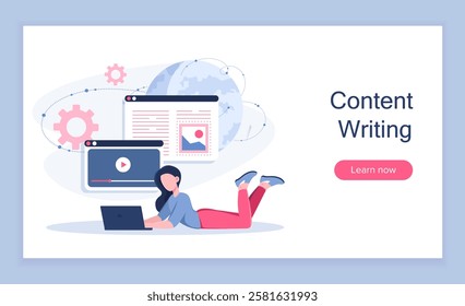 Content manager poster. Woman with laptop reads article for website. Talented author and content creator. Promotion on social networks and Internet. Landing webpage design. Flat vector illustration