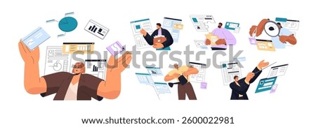 Content manager set. Concept of management, marketing and advertising in social media, networks. Employee works with SCM, creates business strategy. Flat isolated vector illustrations on white