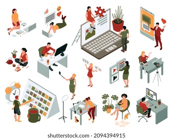 Content manager set with copywriter and blogger isometric isolated vector illustration