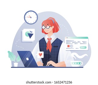 Content manager is sitting with laptop in office. A red-haired girl in glasses is typing, posting pictures on the site and on social networks. Vector illustration in flat style.