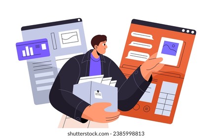 Content manager upload data in web app, website. Worker add photo in online chat. Designer update digital product, interface. Man hold box with information. Flat isolated vector illustration on white