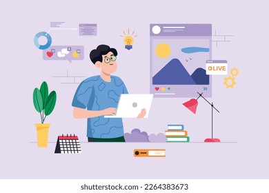Content manager violet background concept with people scene in the flat cartoon design. Manager is working on filling the content of the website. Vector illustration.