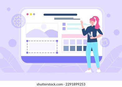 Content manager violet concept with people scene in the flat cartoon design. Content manager checks whether the content is correctly placed on the website. Vector illustration.