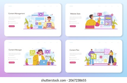 Content manager web banner or landing page set. Idea of digital promotion strategy and content production. Content plan development and website statistic monitoring. Flat vector illustration